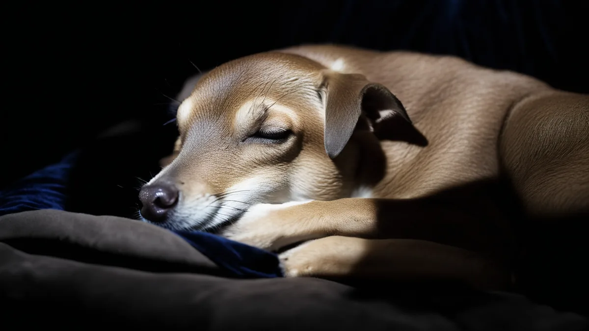 示意圖：一隻淺棕色短毛狗在夜裡蜷在深色布面上熟睡