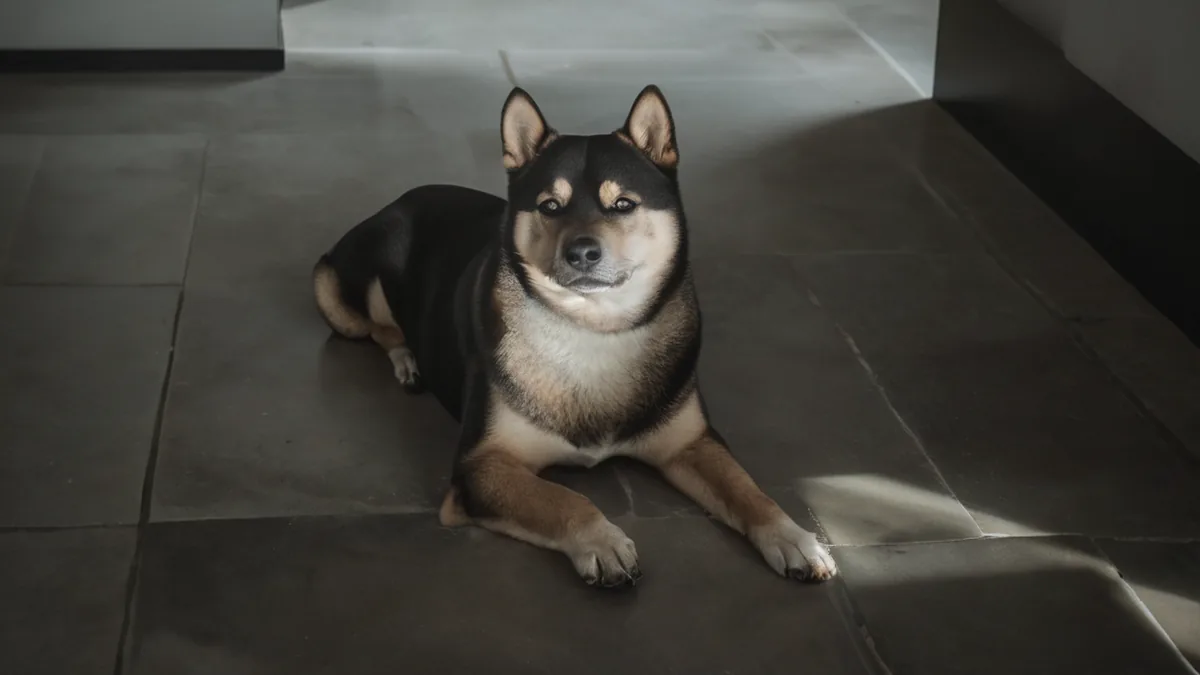 示意圖：一隻黑褐色柴犬趴在灰色石材地板上